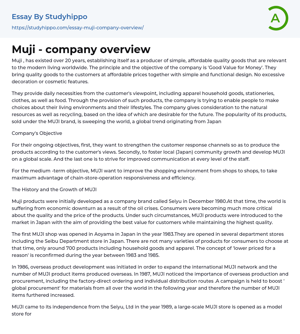 Muji – company overview Essay Example