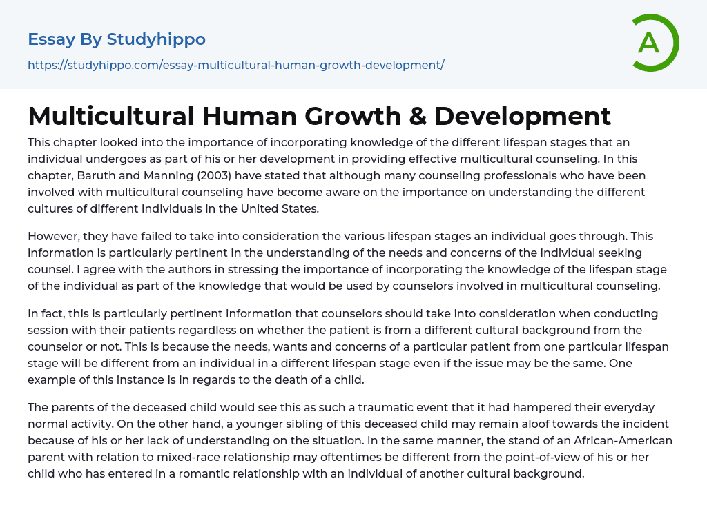 Multicultural Human Growth & Development Essay Example