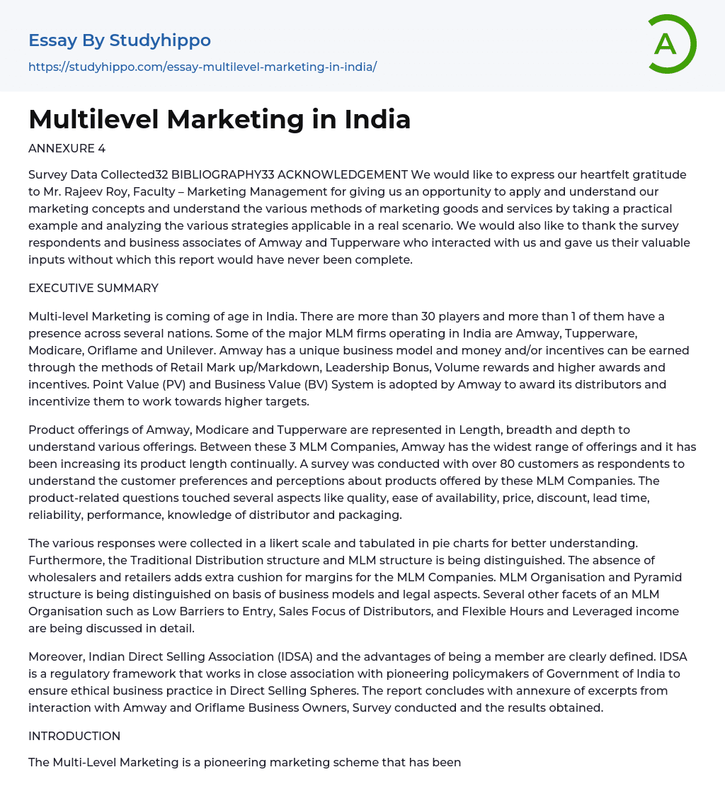 Multilevel Marketing in India Essay Example