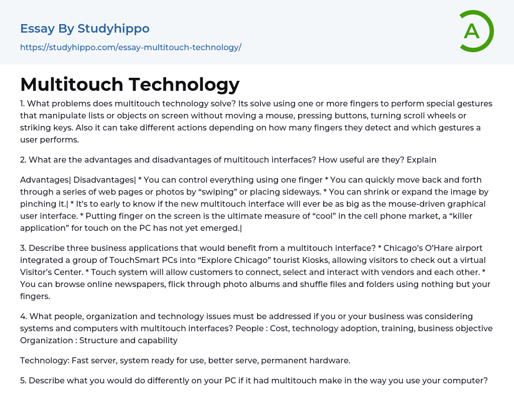 Multitouch Technology Essay Example