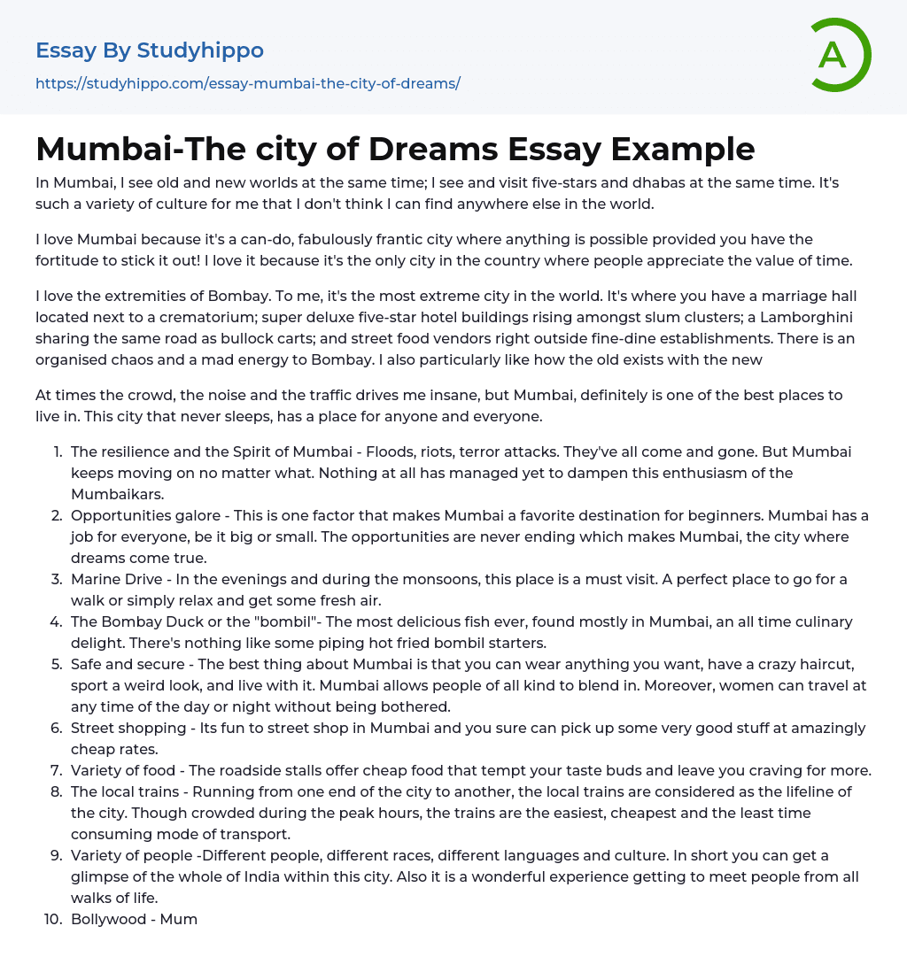 Mumbai-The city of Dreams Essay Example