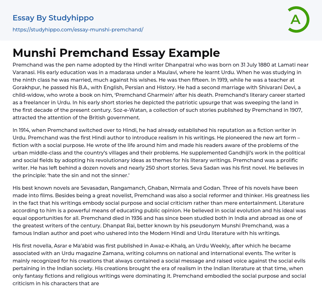 Munshi Premchand Essay Example