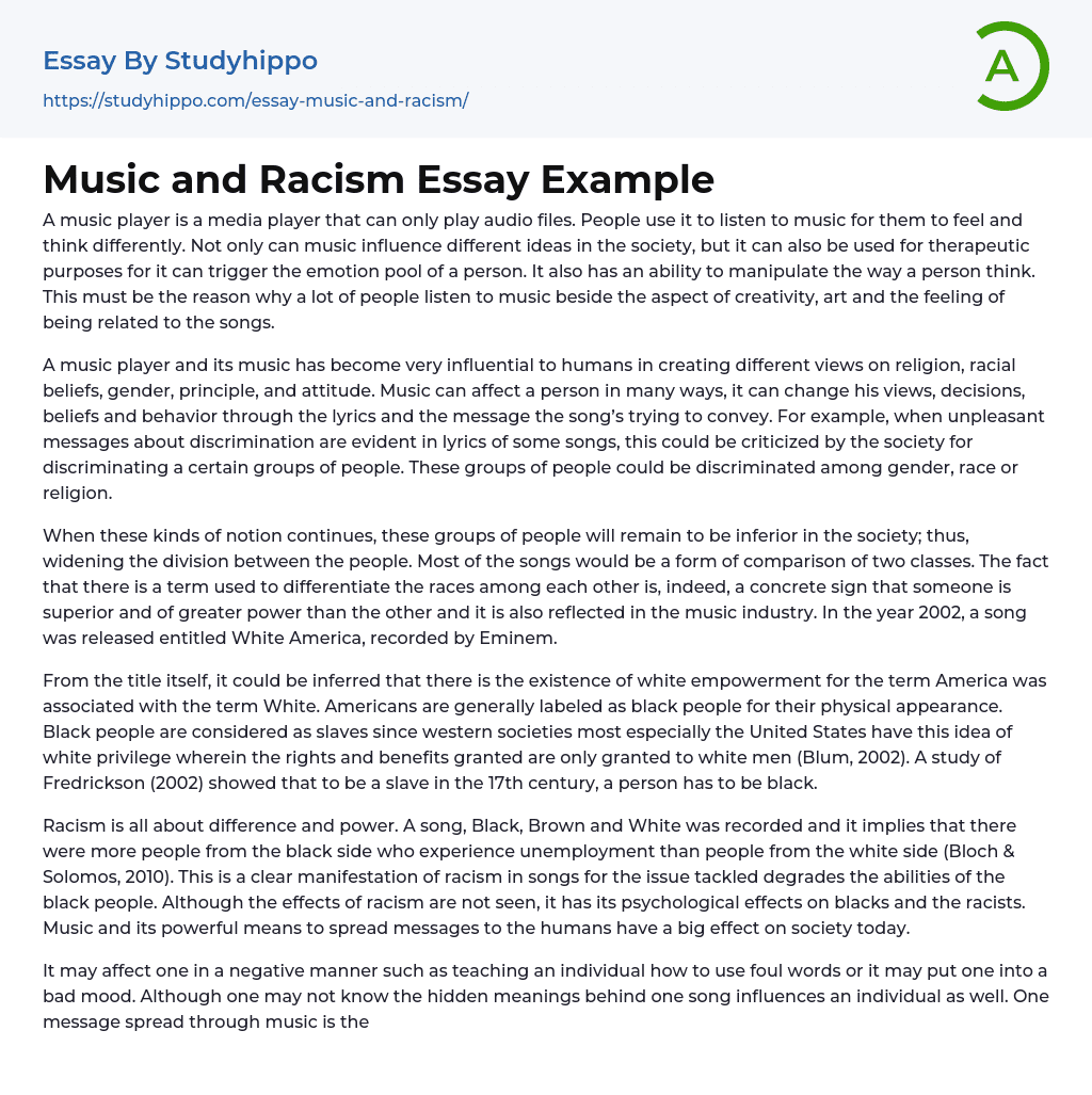 Music and Racism Essay Example