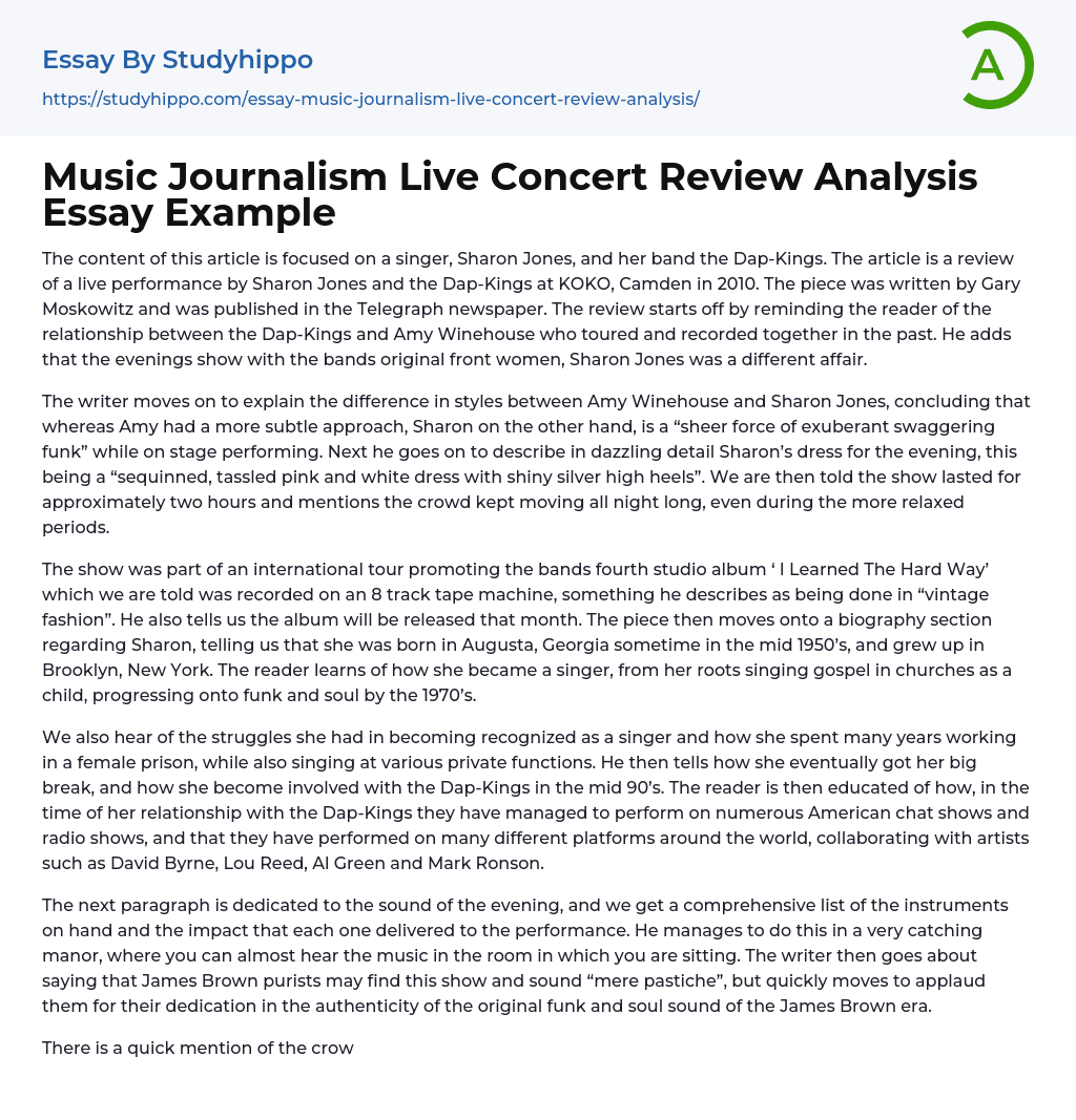 Music Journalism Live Concert Review Analysis Essay Example