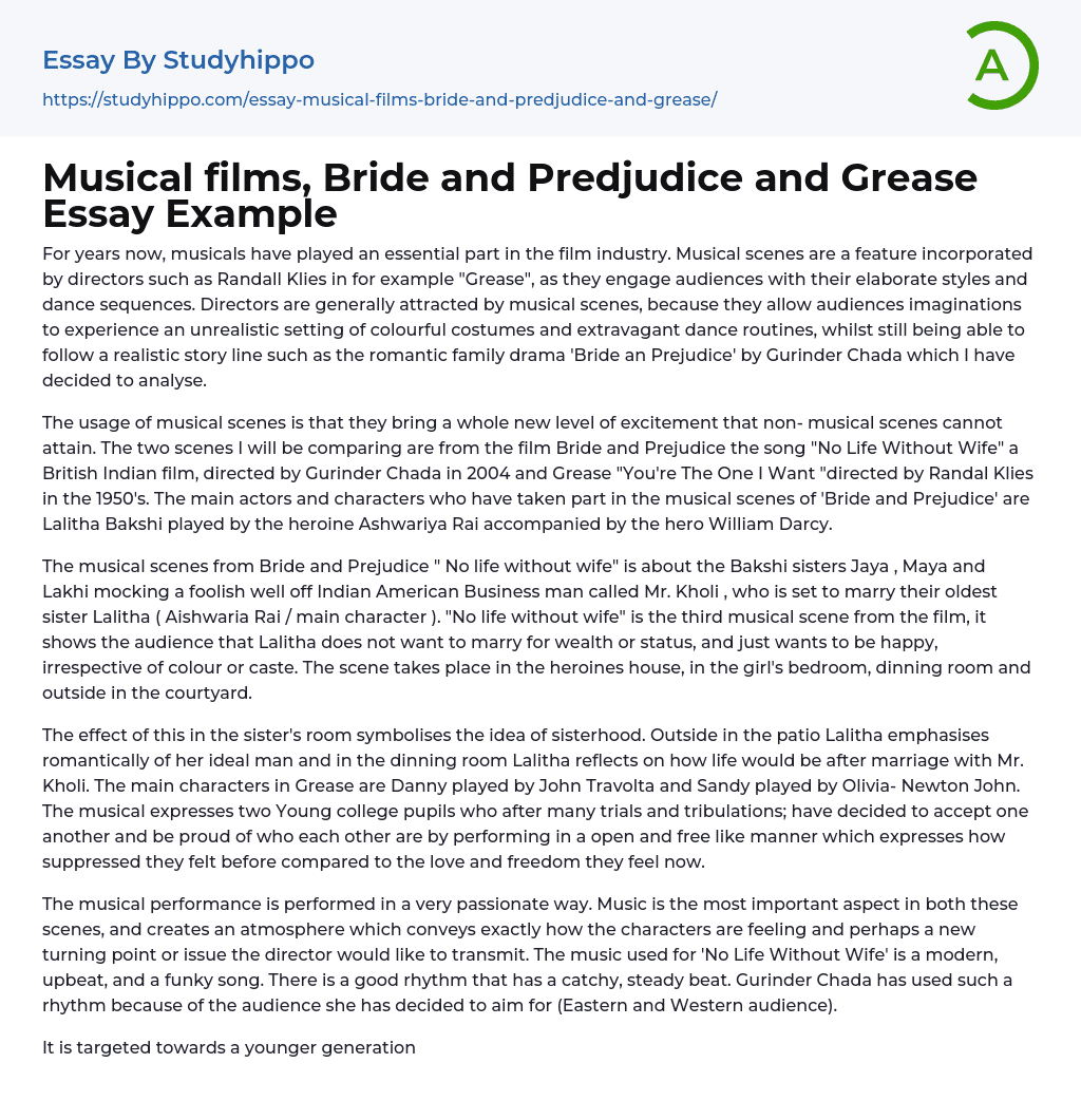 Musical films, Bride and Predjudice and Grease Essay Example
