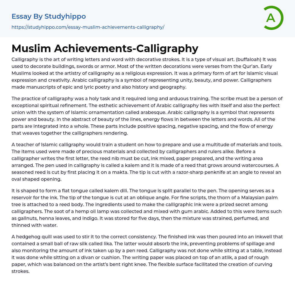 Muslim Achievements-Calligraphy Essay Example