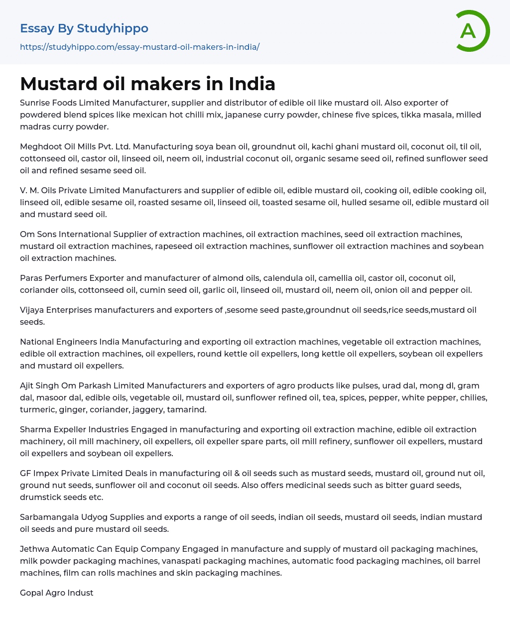Mustard oil makers in India Essay Example
