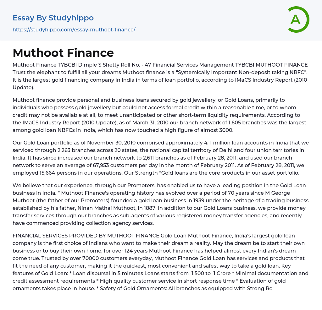 Muthoot Finance Tybcbi Dimple S Shetty Roll Essay Example