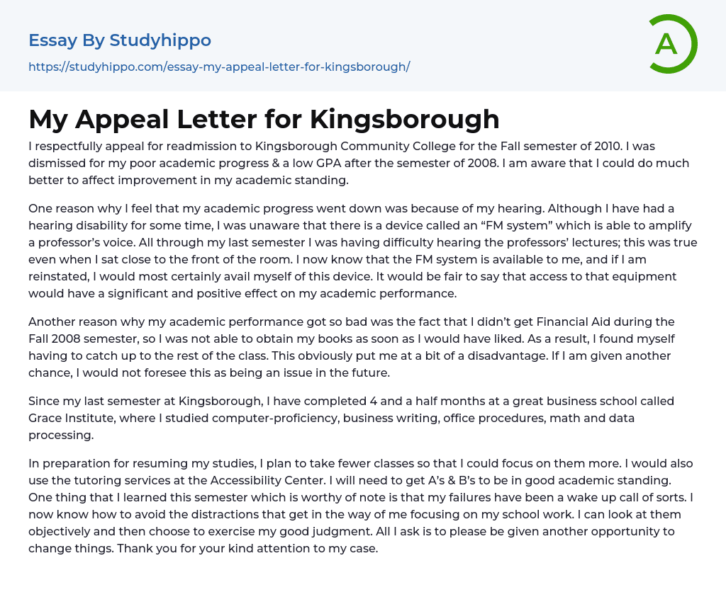 My Appeal Letter for Kingsborough Essay Example