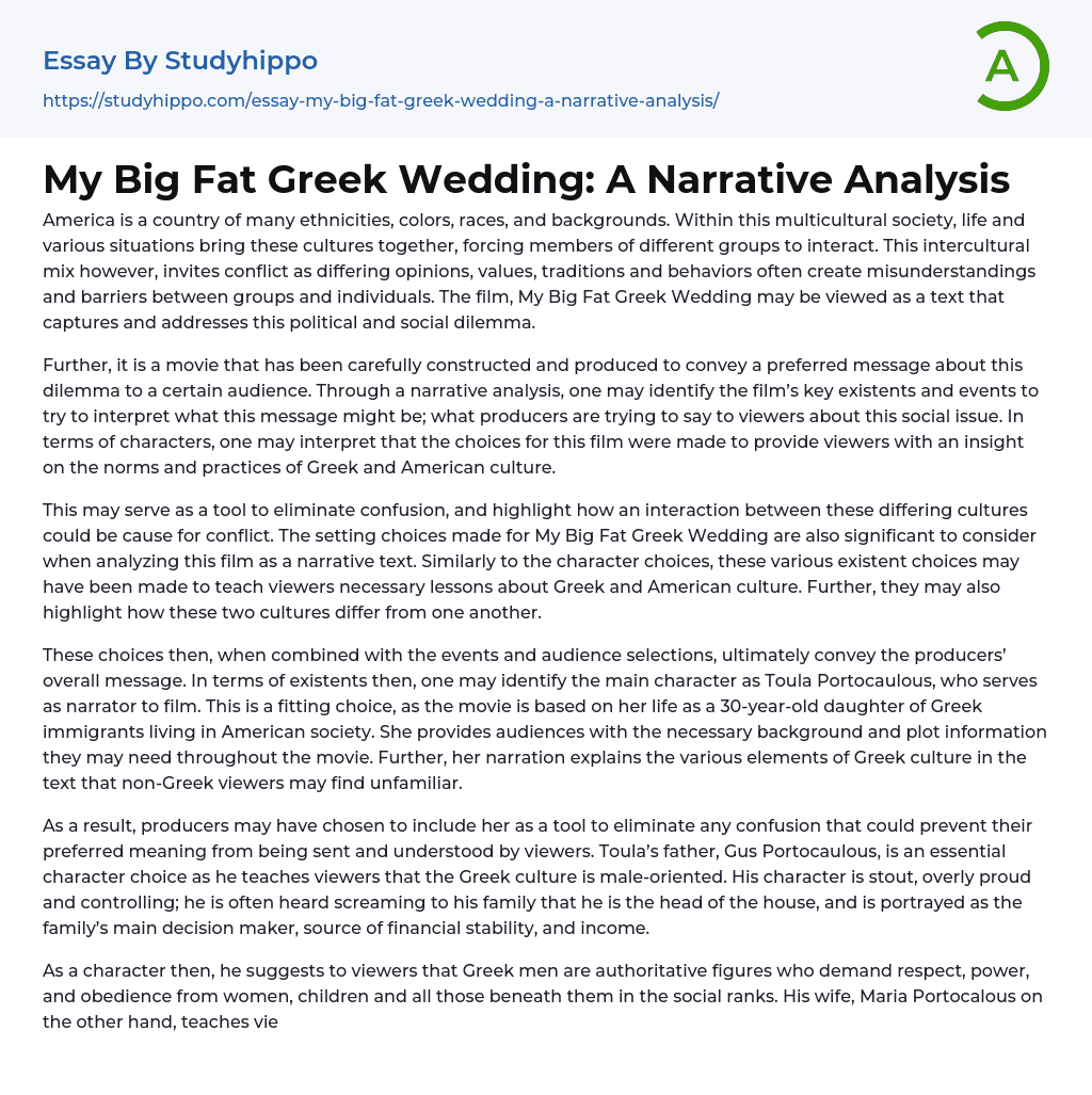 My Big Fat Greek Wedding: A Narrative Analysis Essay Example
