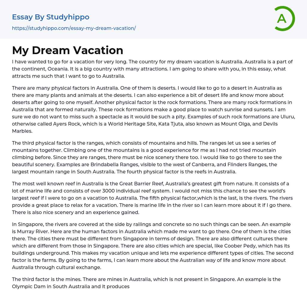 My Dream Vacation Essay Example StudyHippo