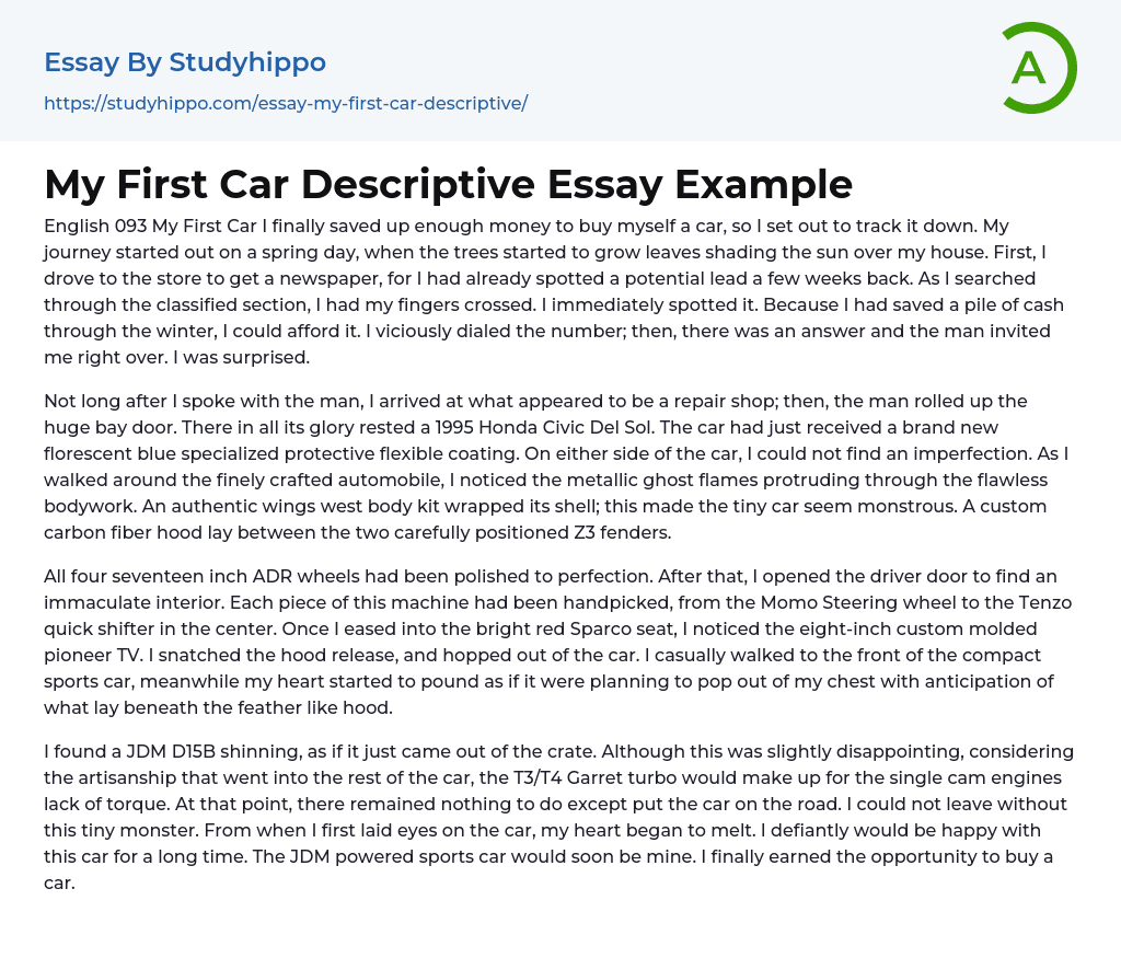 My First Car Descriptive Essay Example