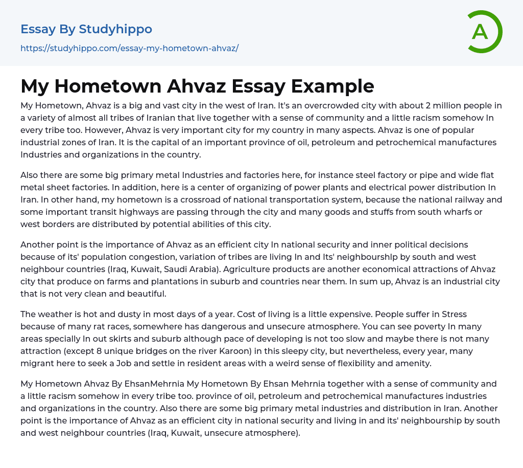 My Hometown Ahvaz Essay Example