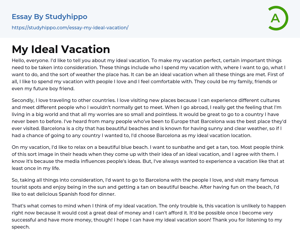 My Ideal Vacation Essay Example StudyHippo