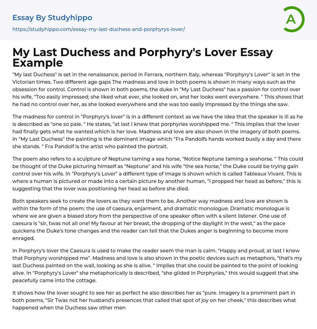 My Last Duchess and Porphyry’s Lover Essay Example