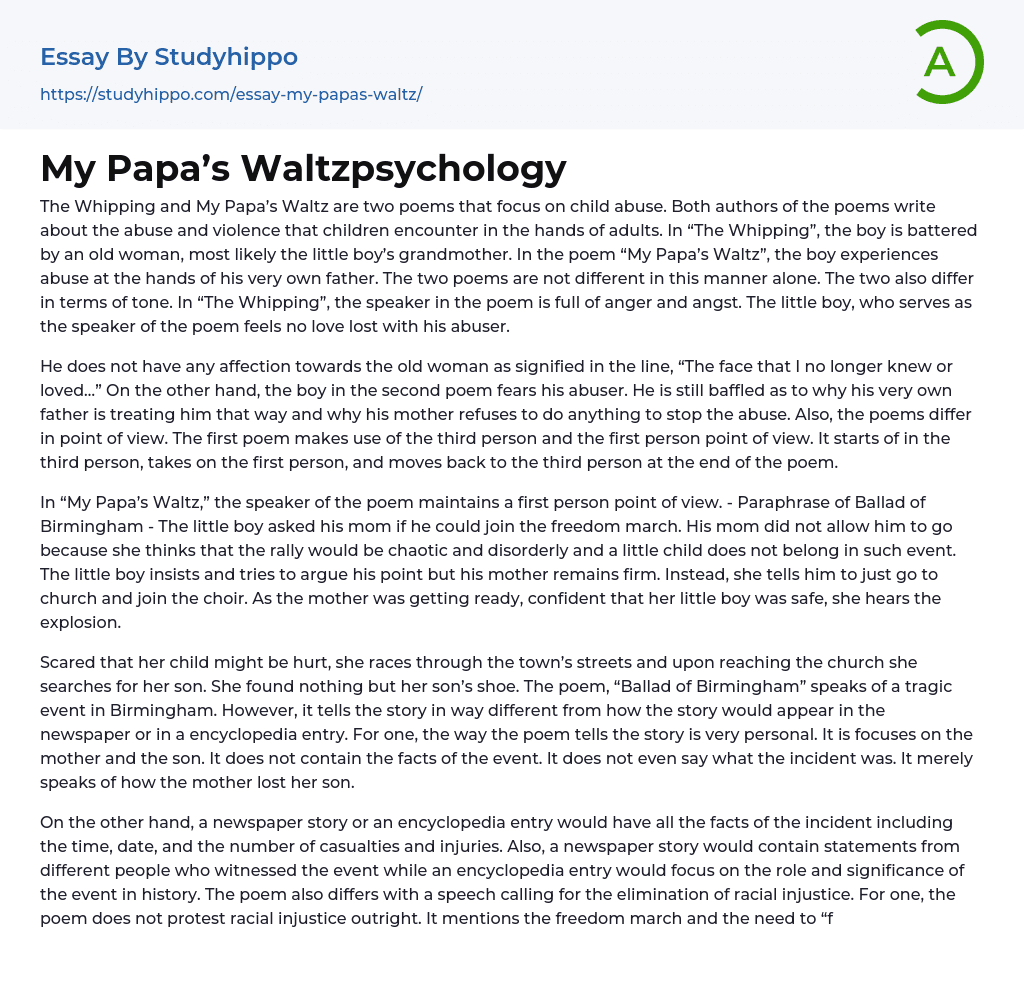 My Papa’s Waltzpsychology Essay Example
