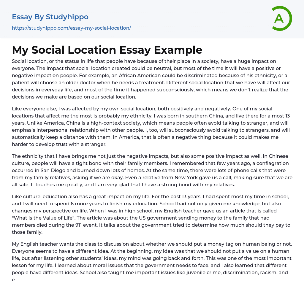 My Social Location Essay Example