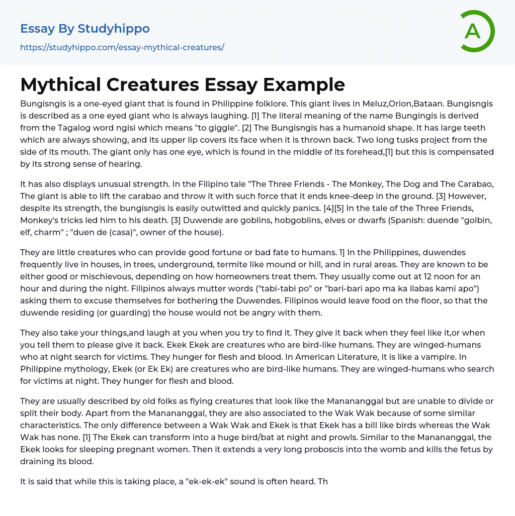 Mythical Creatures Essay Example
