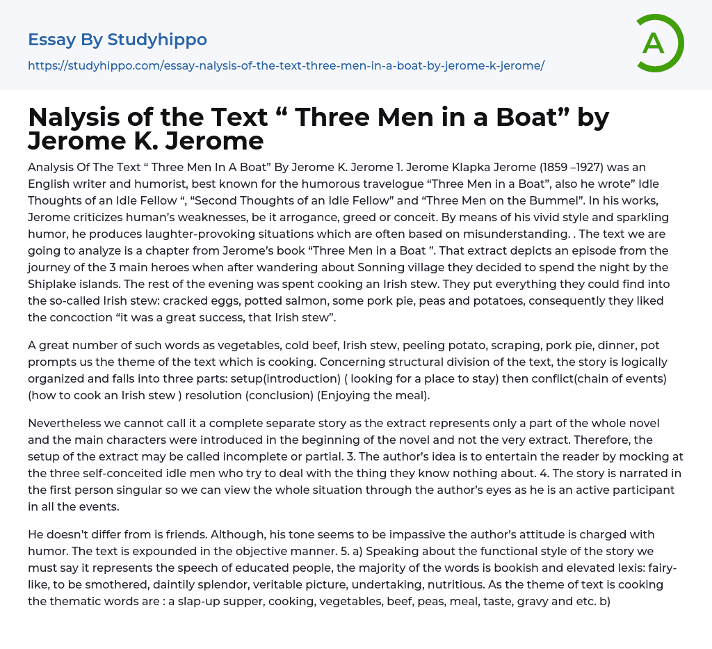 Nalysis of the Text “ Three Men in a Boat” by Jerome K. Jerome Essay Example