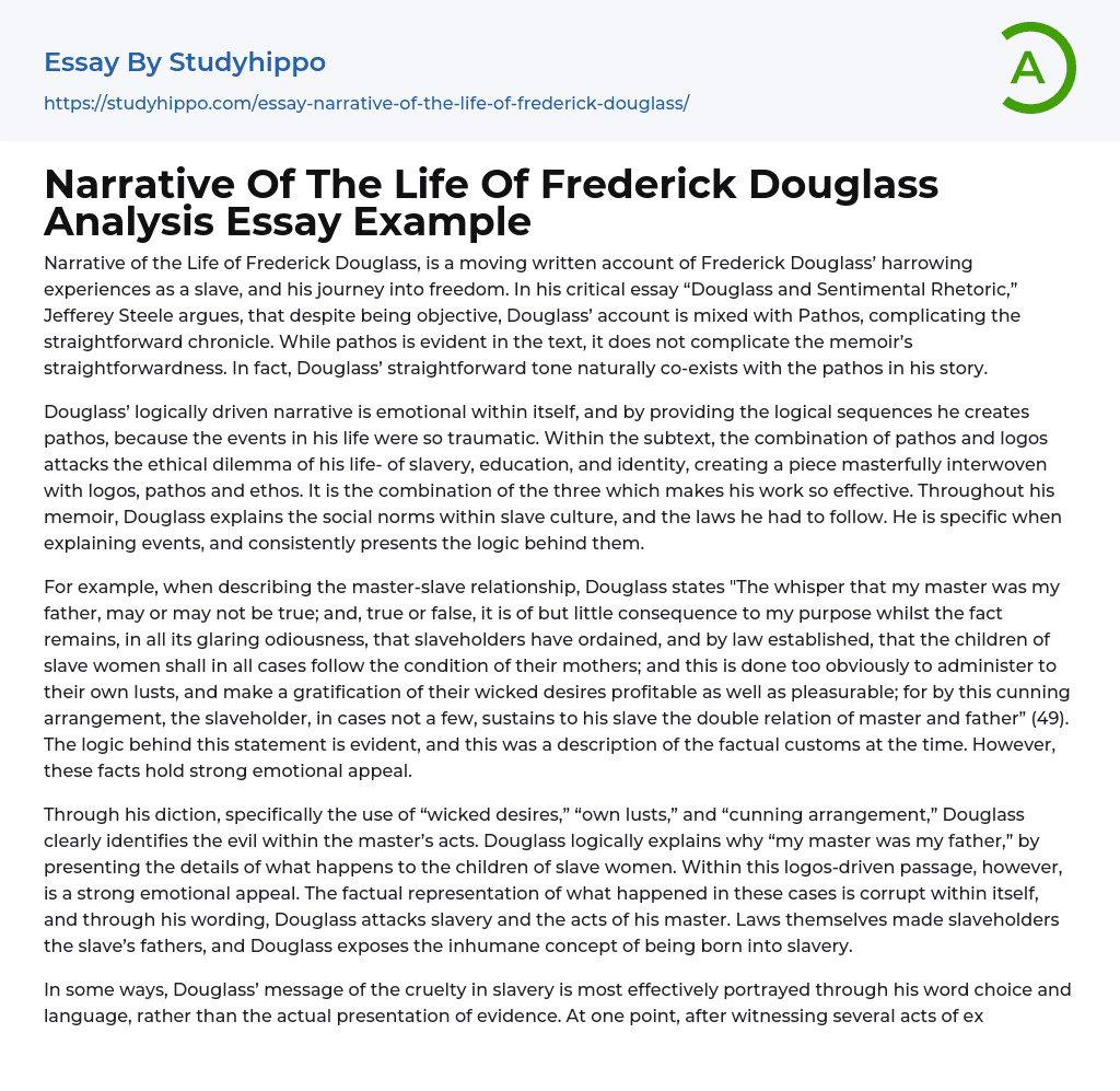 Narrative Of The Life Of Frederick Douglass Analysis Essay Example