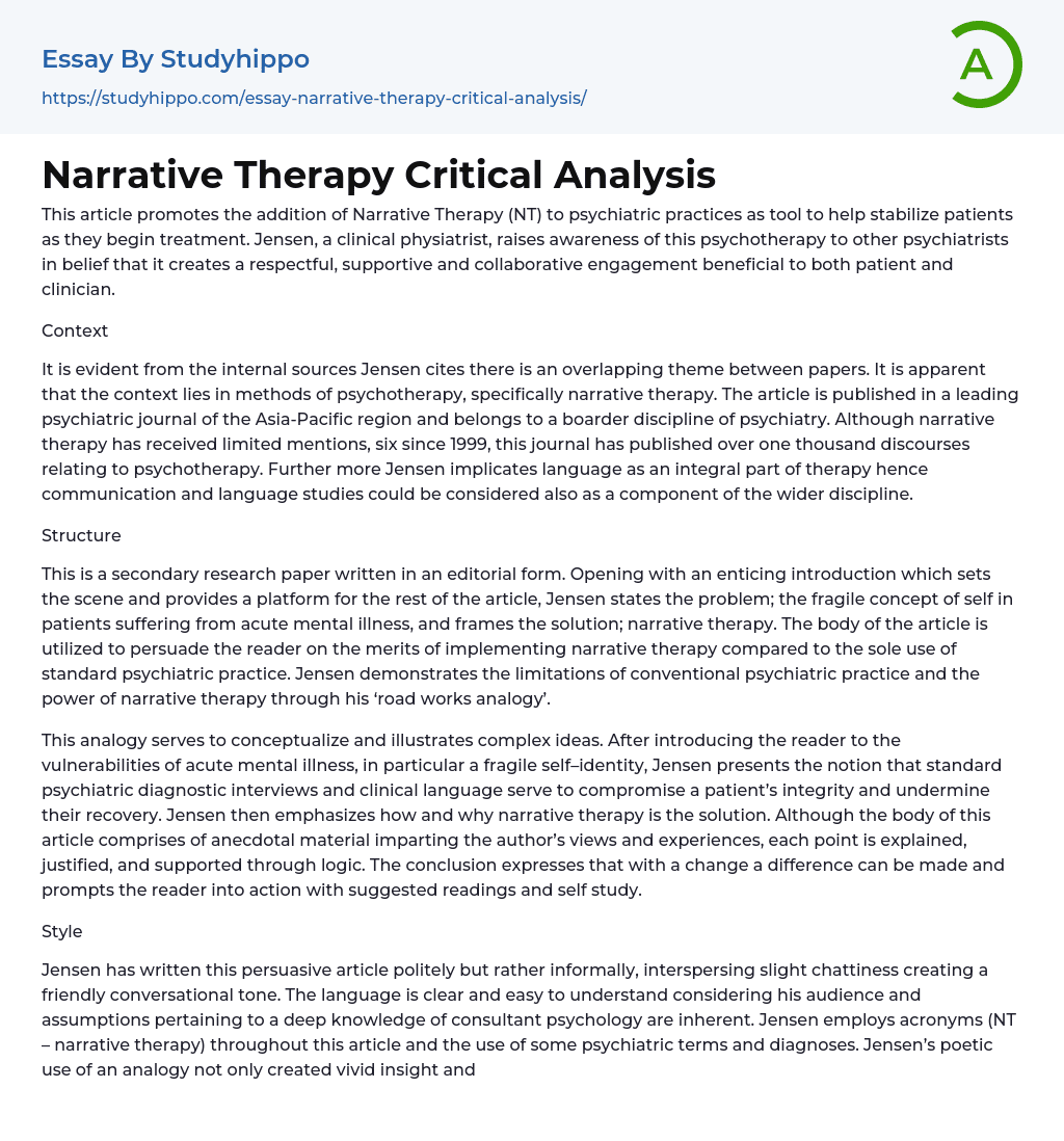 Narrative Therapy Critical Analysis Essay Example