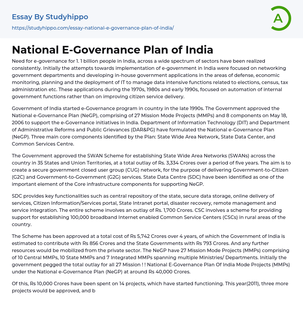 National E-Governance Plan of India Essay Example