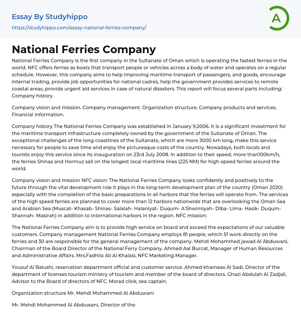 National Ferries Company Essay Example