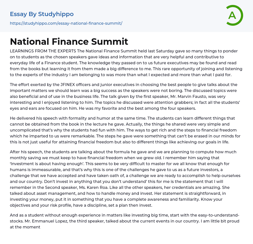 Learnings From the Experts: National Finance Summit Essay Example
