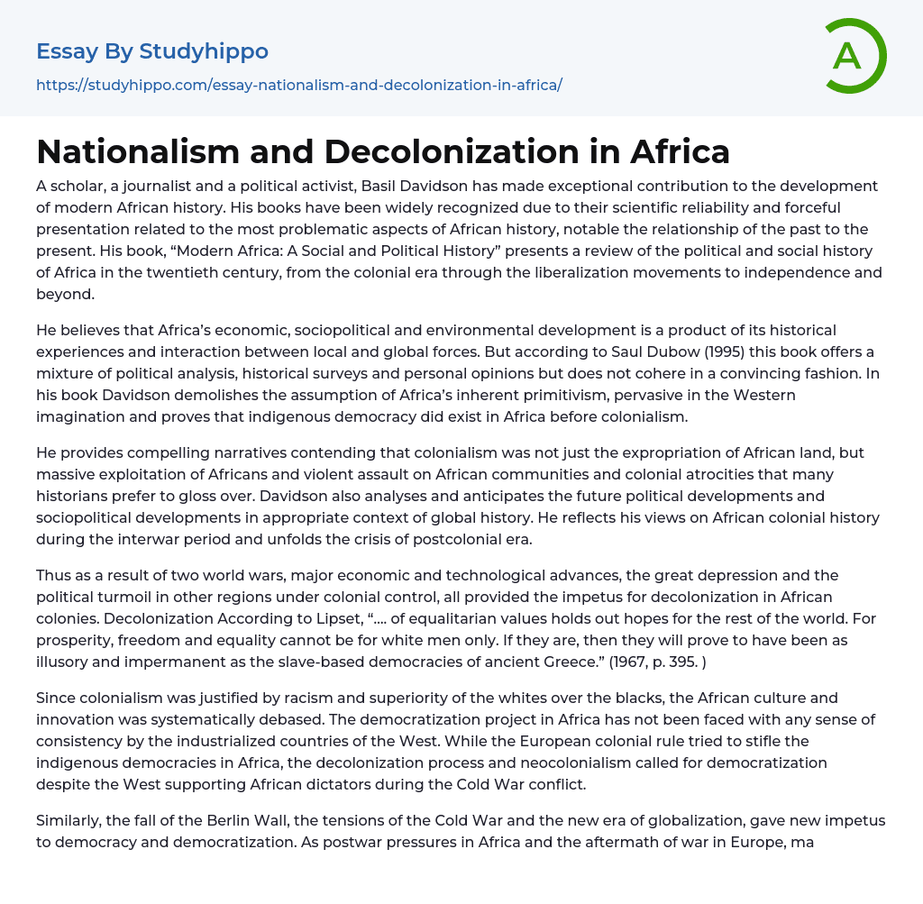 Nationalism and Decolonization in Africa Essay Example