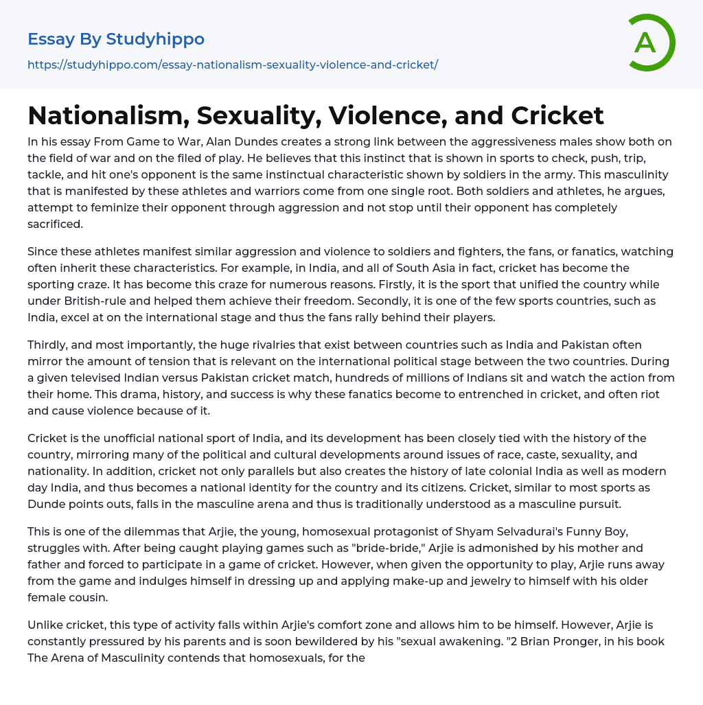 Nationalism, Sexuality, Violence, and Cricket Essay Example