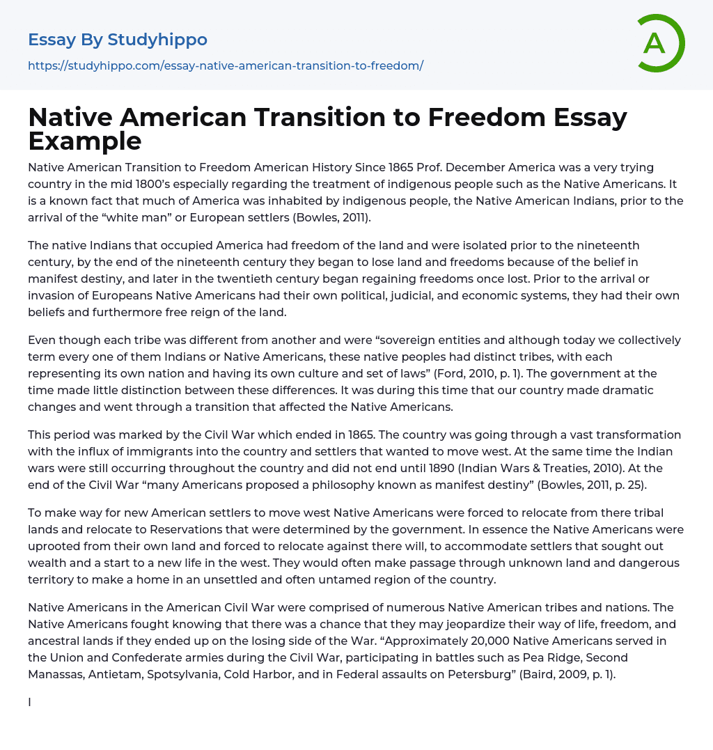 Native American Transition to Freedom Essay Example