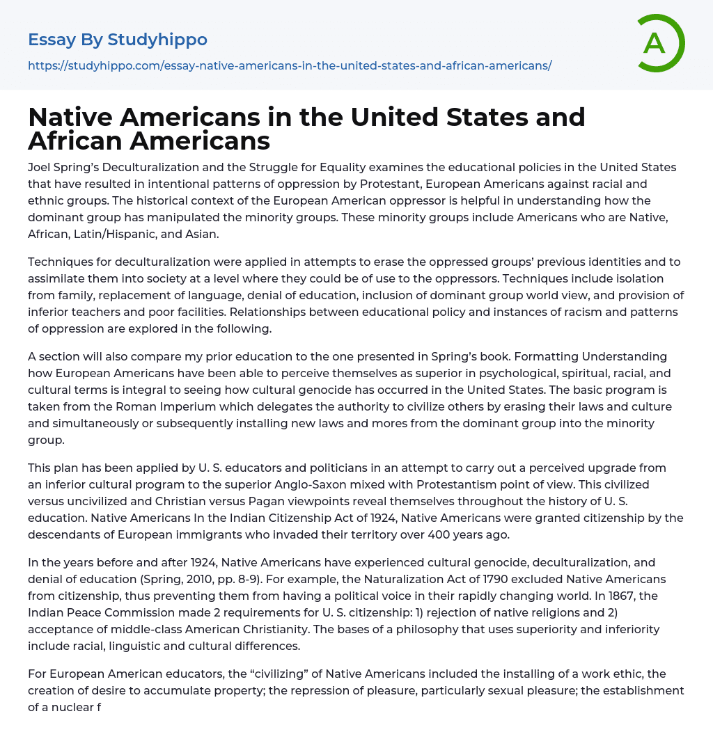 Native Americans in the United States and African Americans Essay Example
