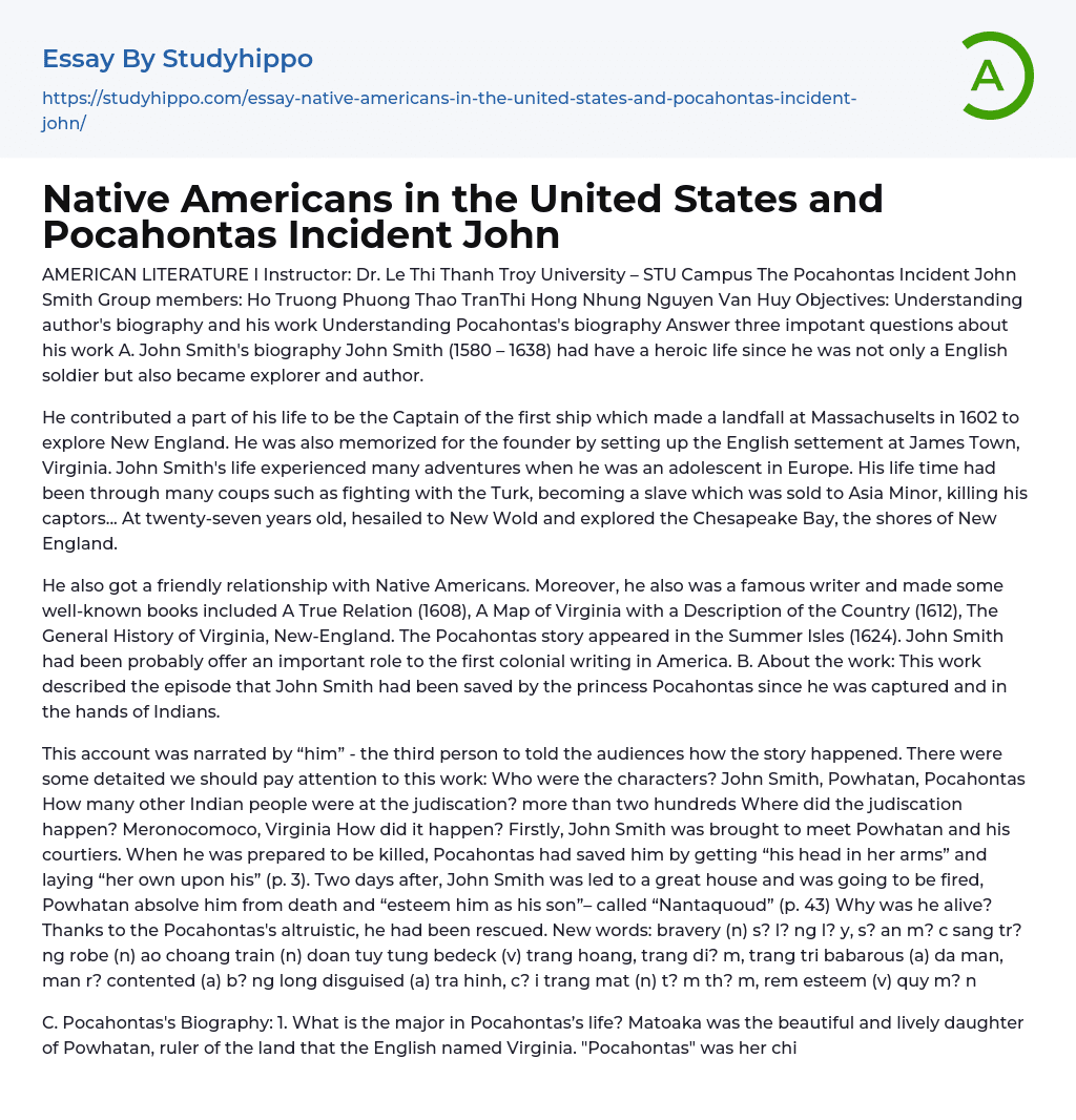 Native Americans in the United States and Pocahontas Incident John Essay Example