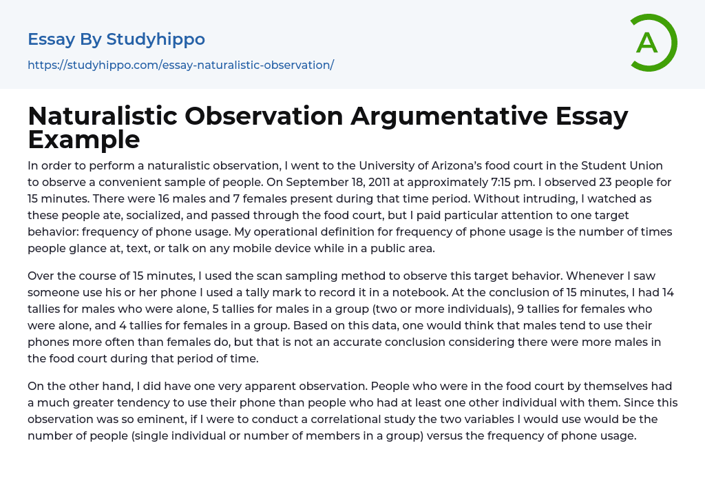 Naturalistic Observation Argumentative Essay Example
