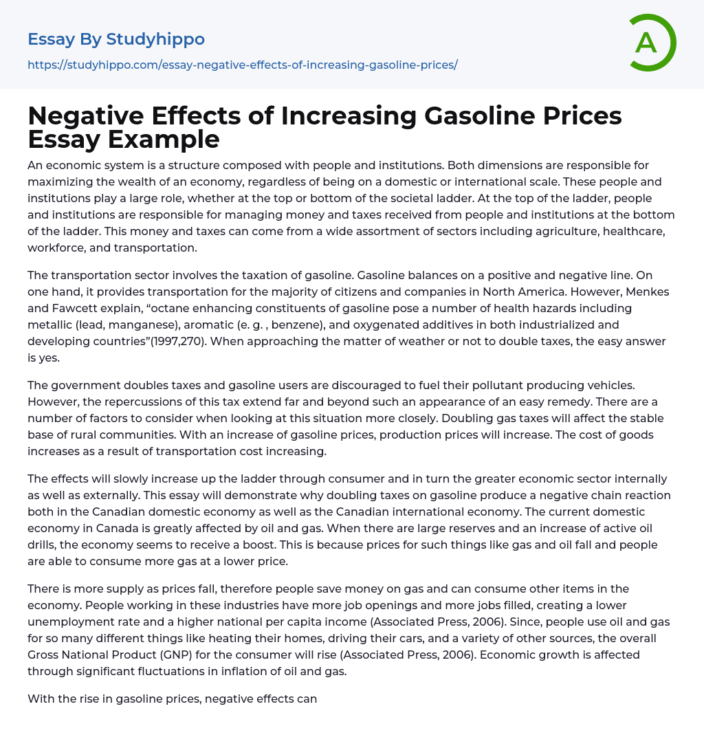 Negative Effects of Increasing Gasoline Prices Essay Example