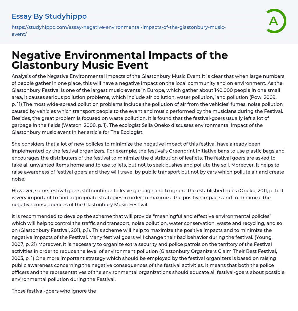 Negative Environmental Impacts of the Glastonbury Music Event Essay Example