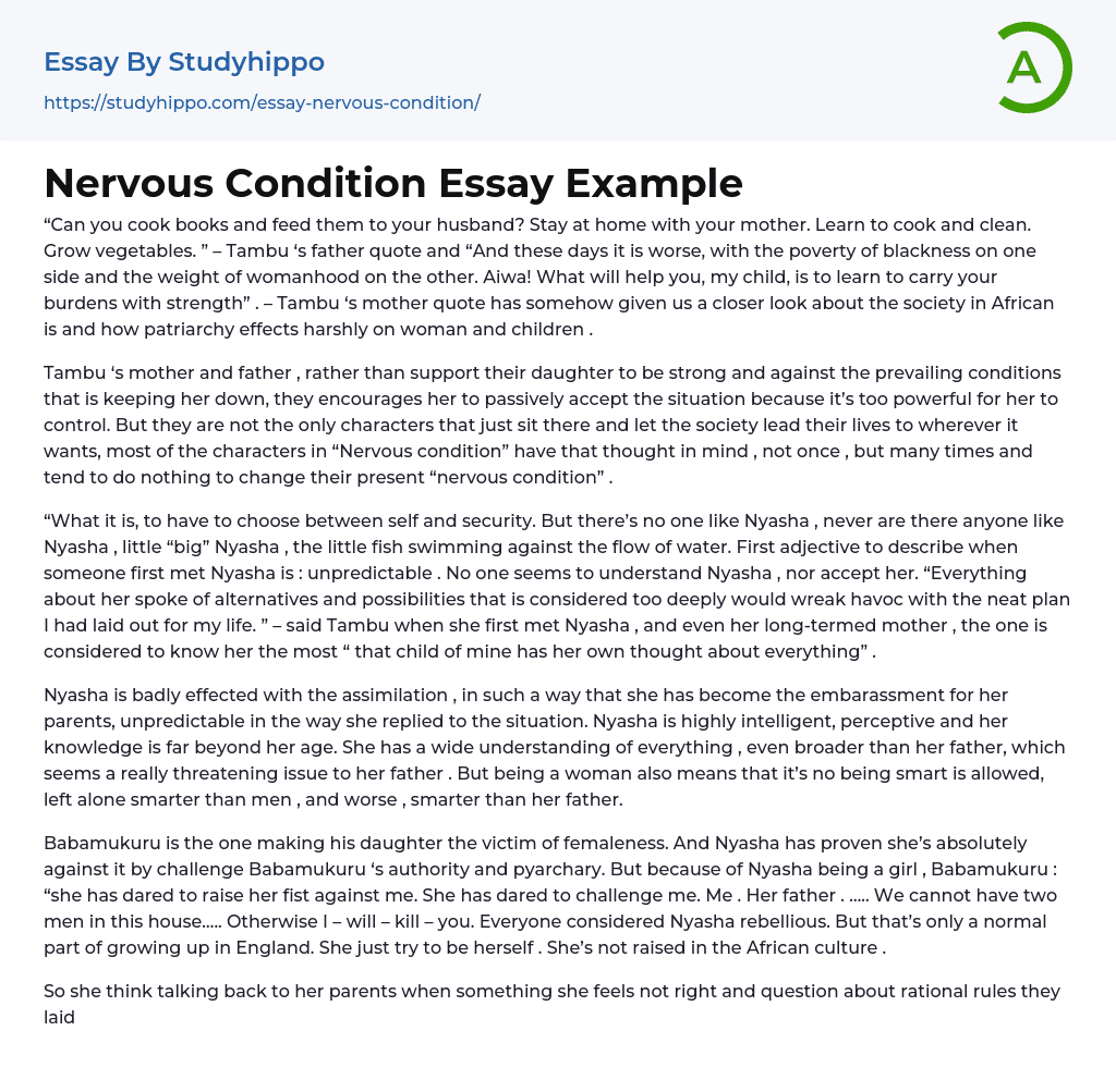 Nervous Condition Essay Example