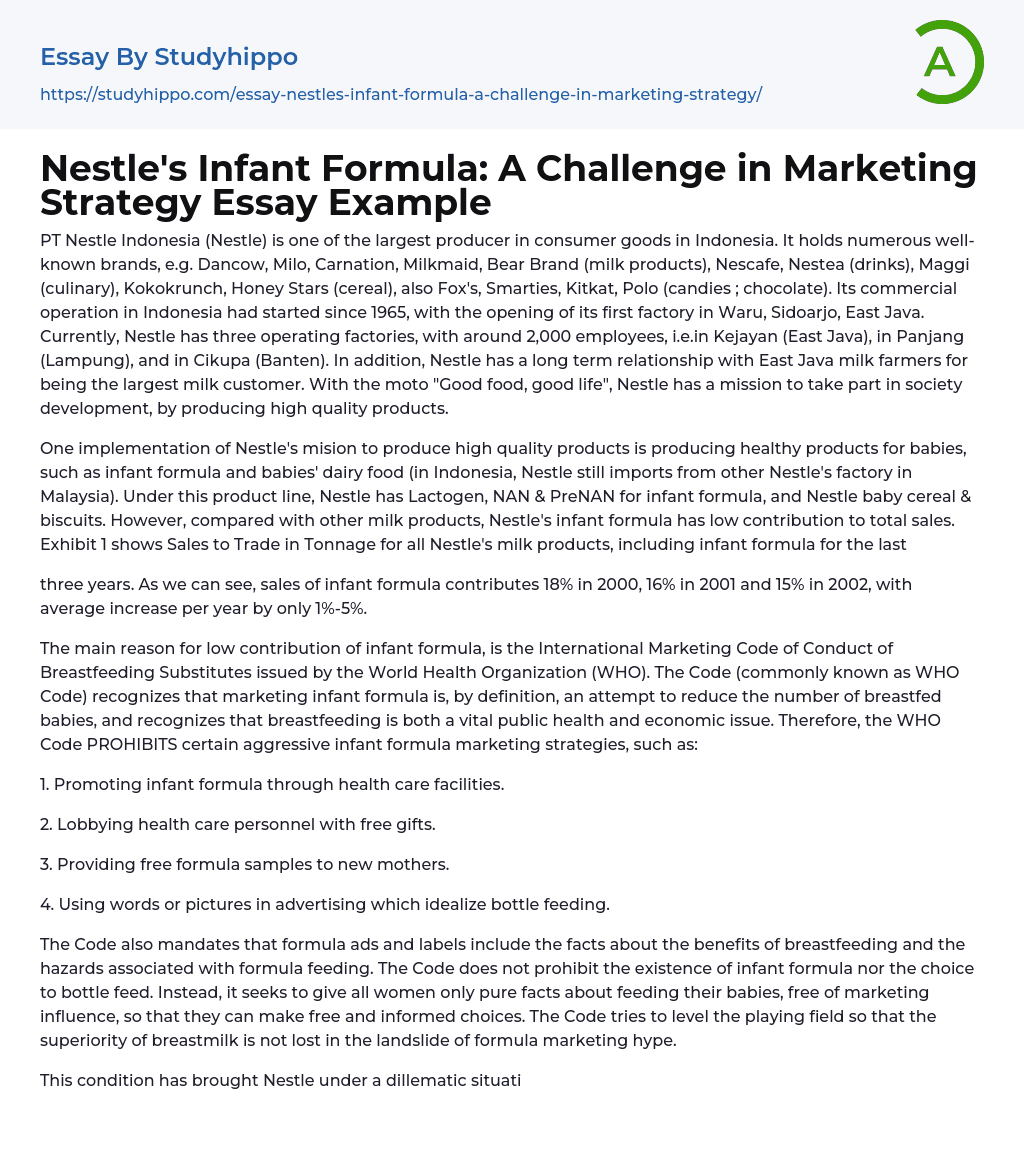 Nestle’s Infant Formula: A Challenge in Marketing Strategy Essay Example
