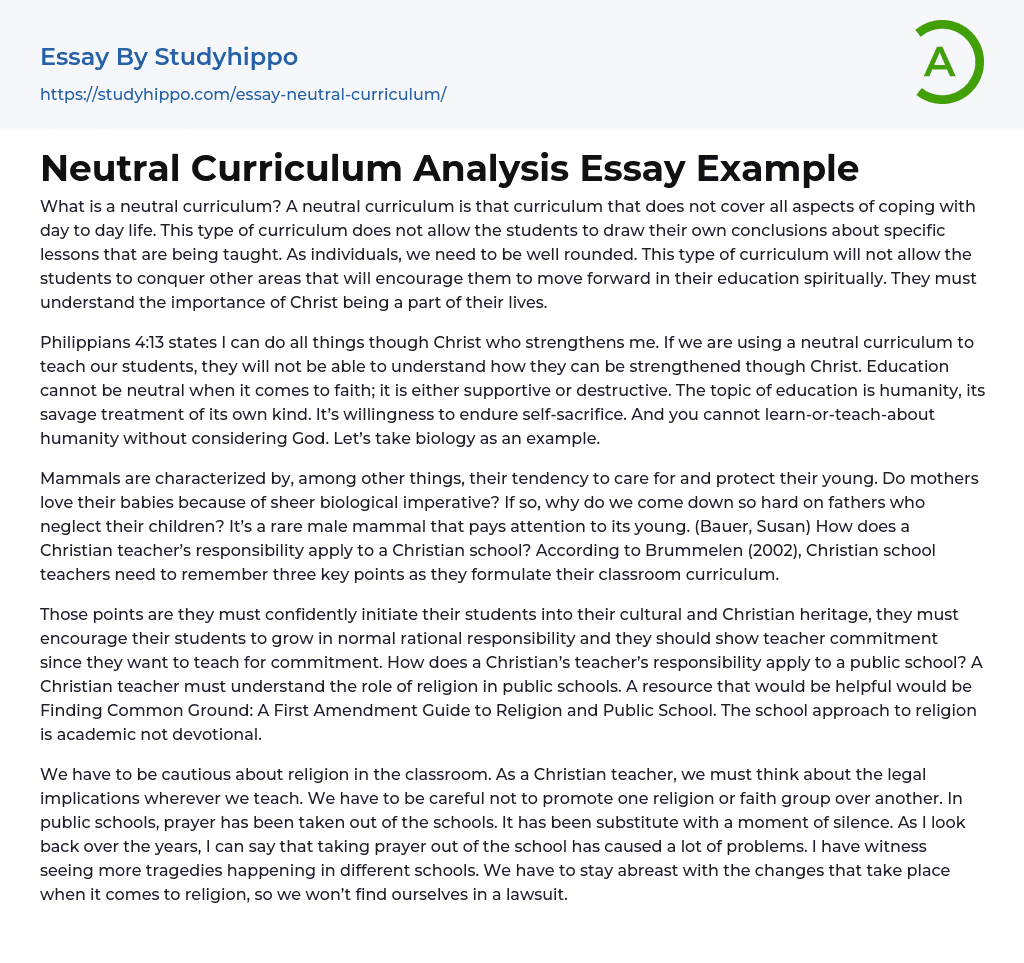 Neutral Curriculum Analysis Essay Example