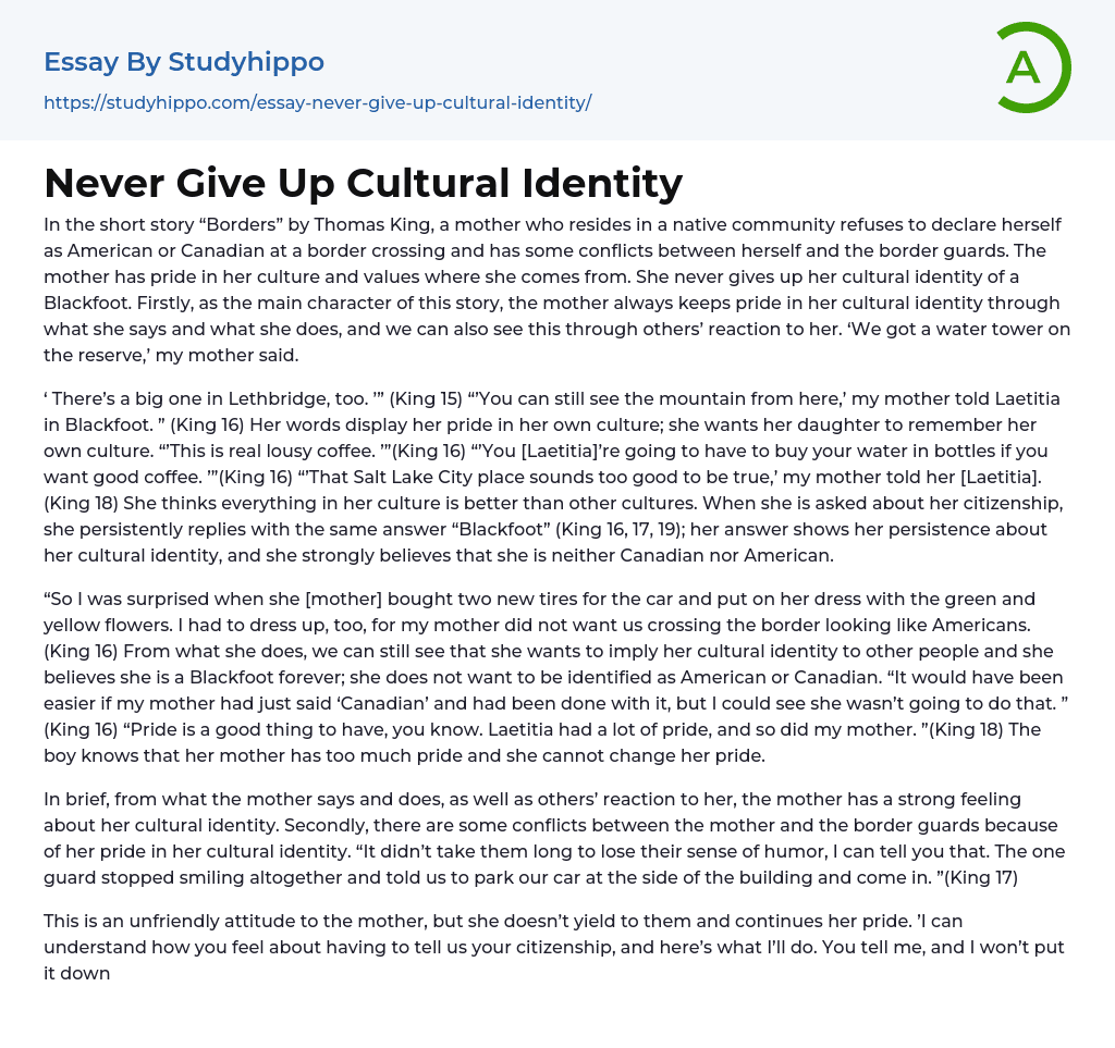 Never Give Up Cultural Identity Essay Example