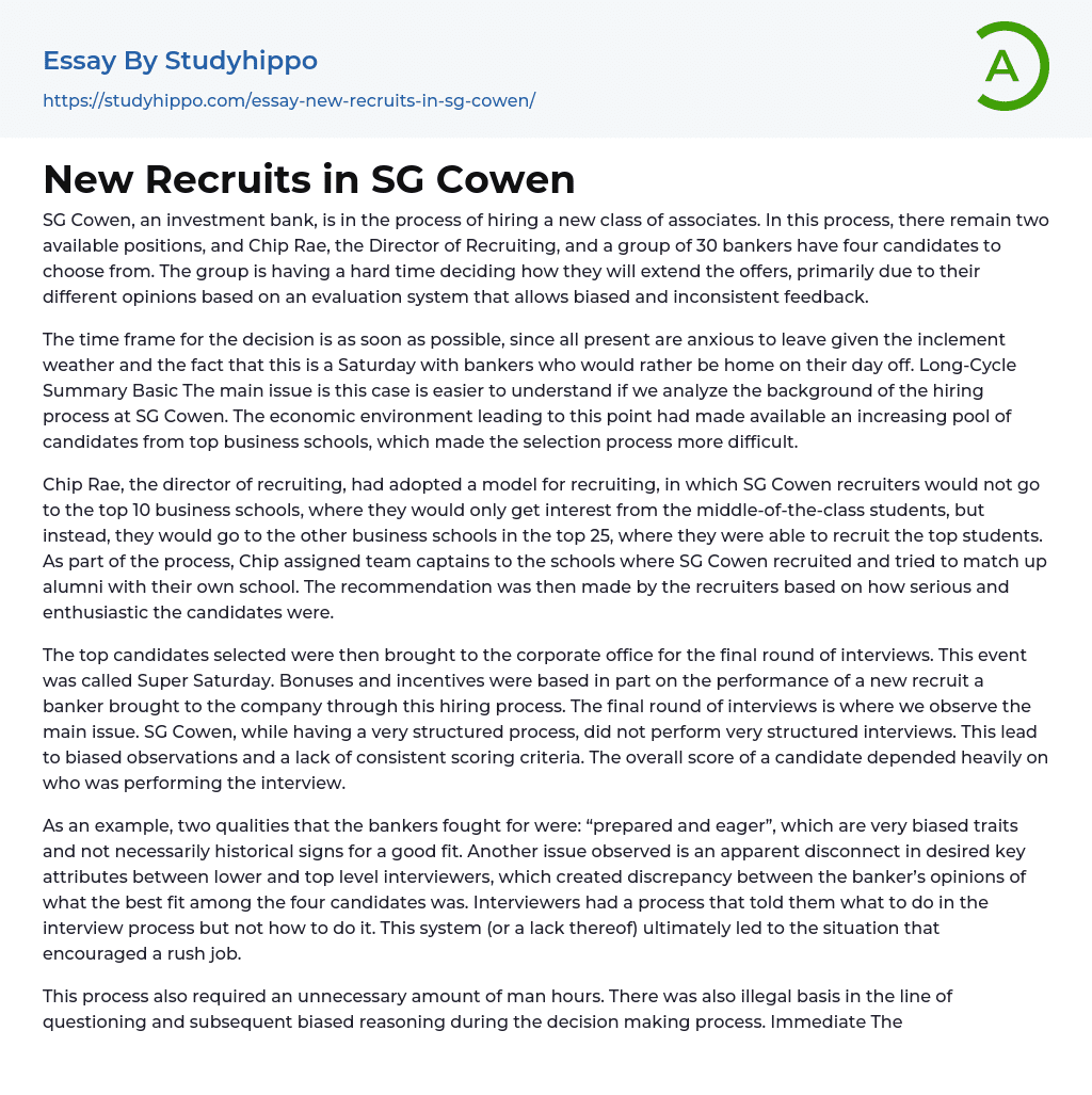 New Recruits in SG Cowen Essay Example