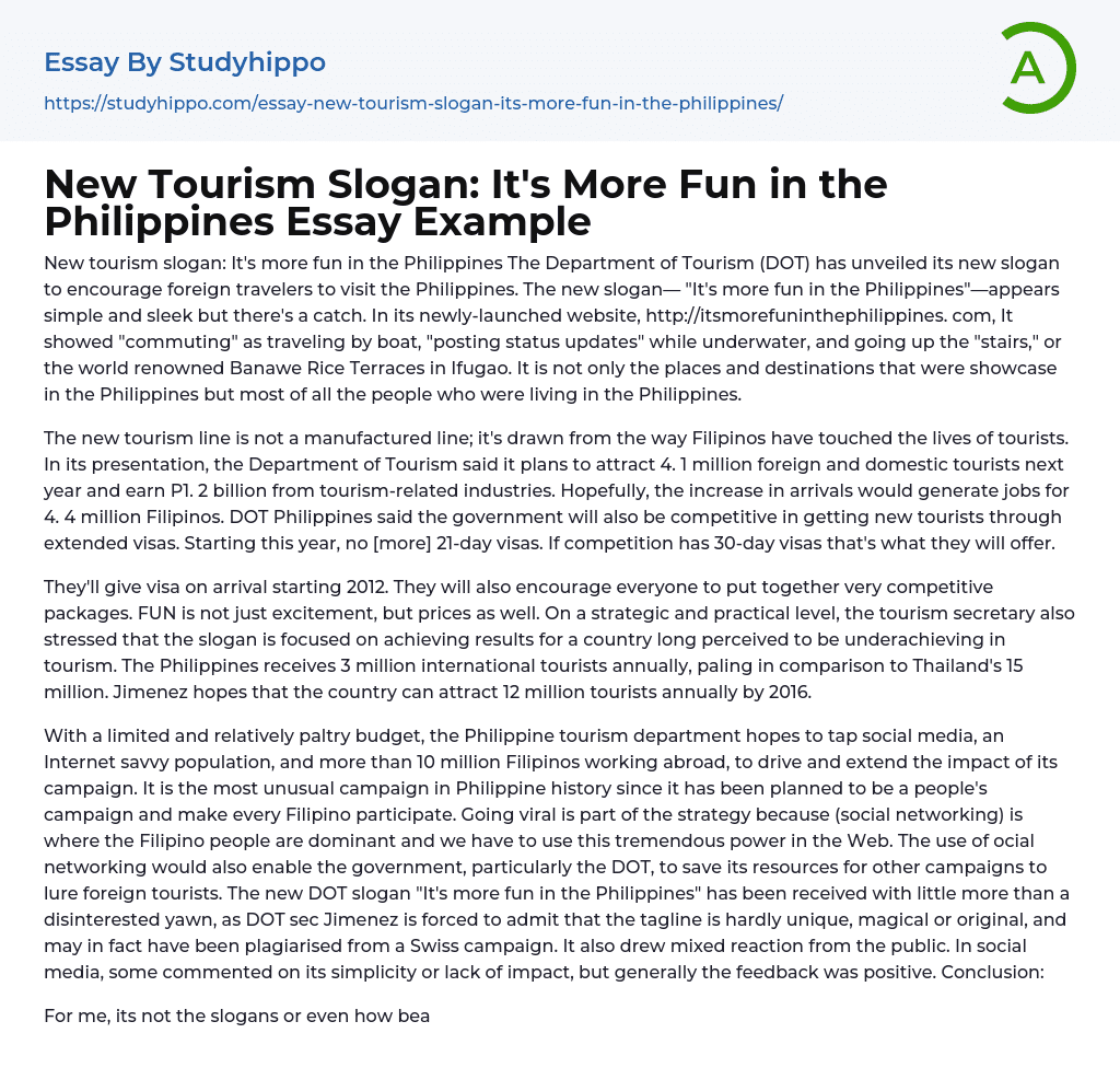 New Tourism Slogan: It’s More Fun in the Philippines Essay Example