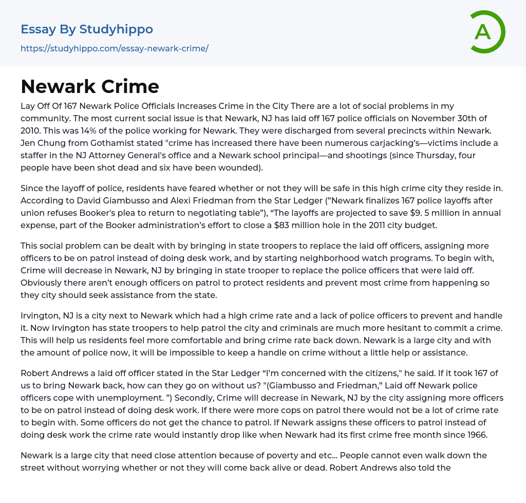 Newark Crime Essay Example