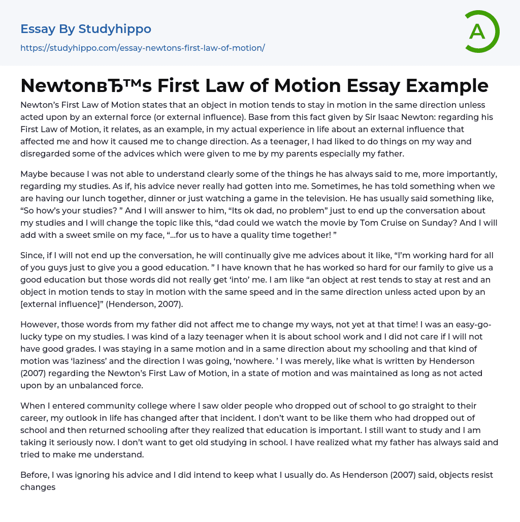 Newton’s First Law of Motion Essay Example