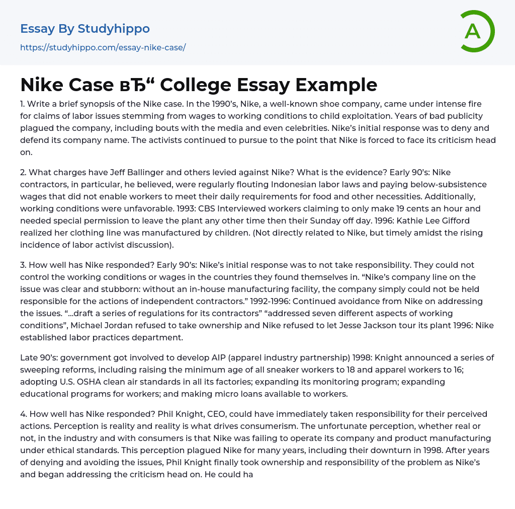 Nike Case College Essay Example