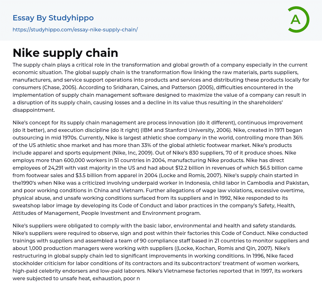 Nike supply chain Essay Example