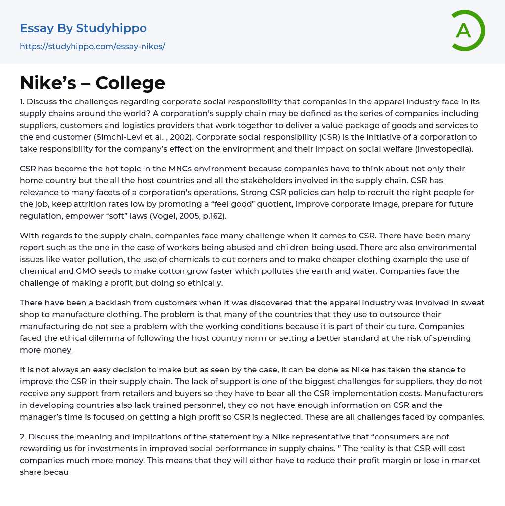 Nike’s – College Essay Example