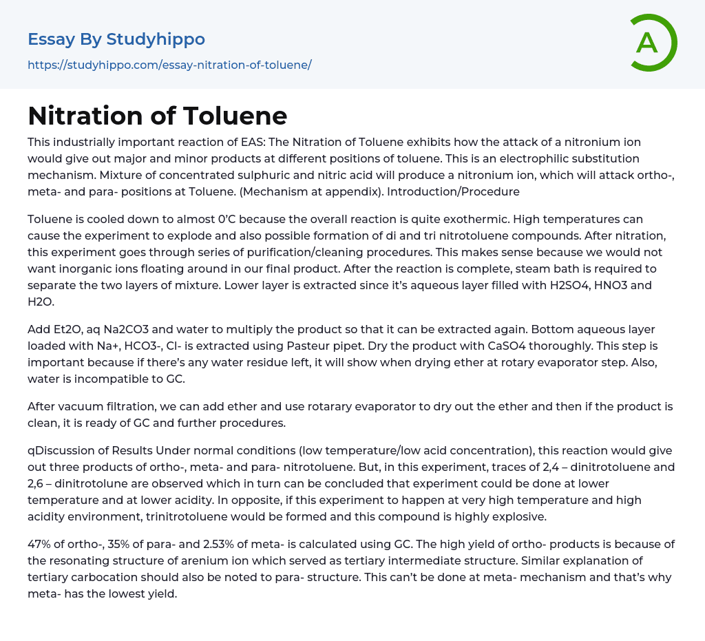 Nitration of Toluene Essay Example