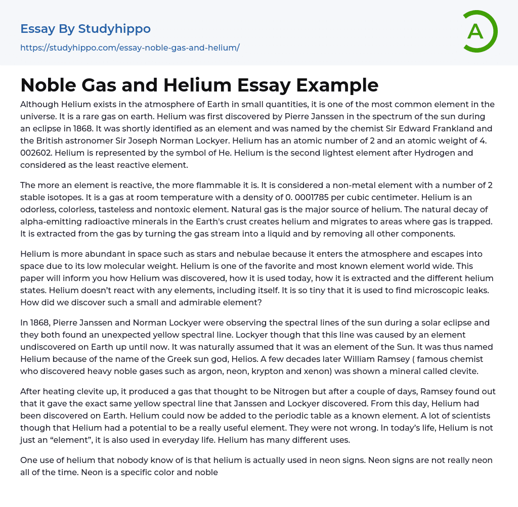 Noble Gas and Helium Essay Example