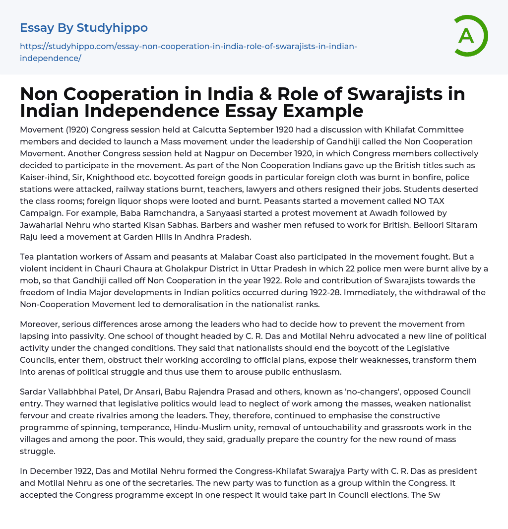 Non Cooperation in India & Role of Swarajists in Indian Independence Essay Example